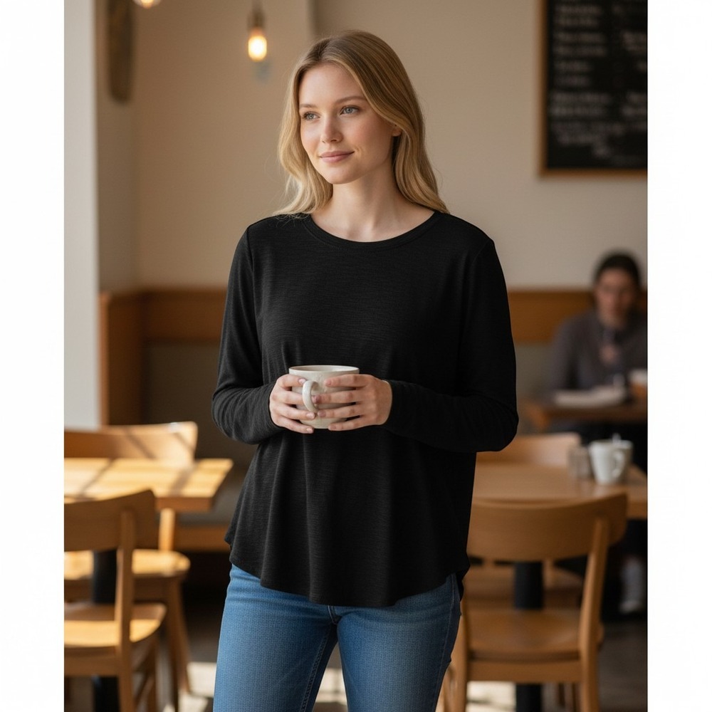 Kirkland Signature Womens Black Long Sleeve Crewneck Slub Tee Shirt •L• Layering